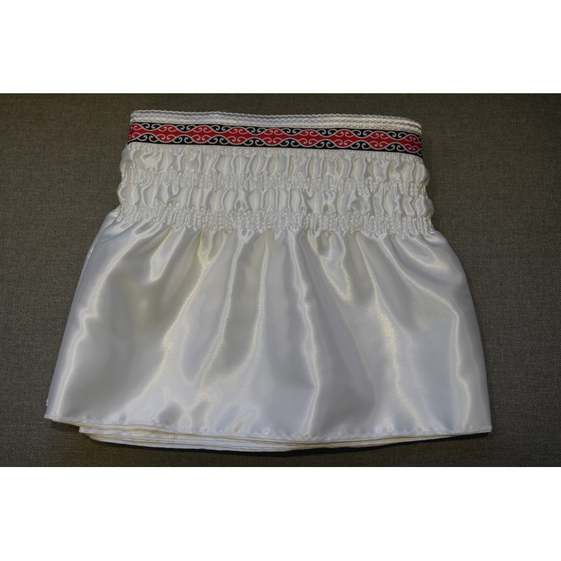 Polysatin Valance, White, with Red Swirl Pattern